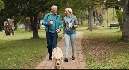 Couple walking dog