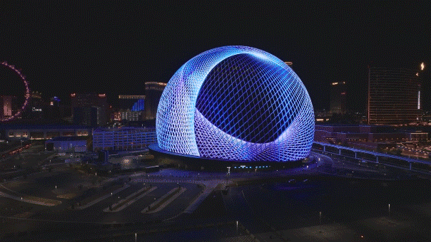 Las Vegas, Nevada - August 2024: Aerial view of designs on the Sphere in Las Vegas. This 17,600 seat music and entertainment venue is the largest spherical structure on Earth. Special FAA authorization was obtained for this drone flight in restricted airspace.