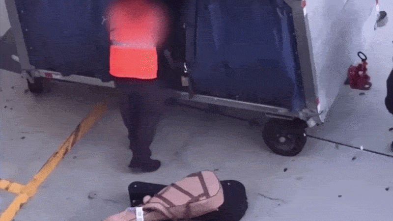 Airline worker in bright orange throws guitars on the tarmac.