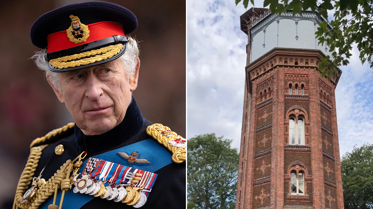 A split of King Charles and the water tower on the Sandringham Estate
