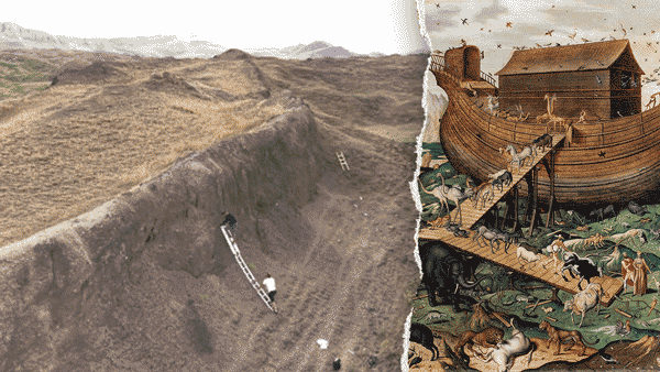 GIF of aerial shot of possible Ark site, drawing of Noah's Ark